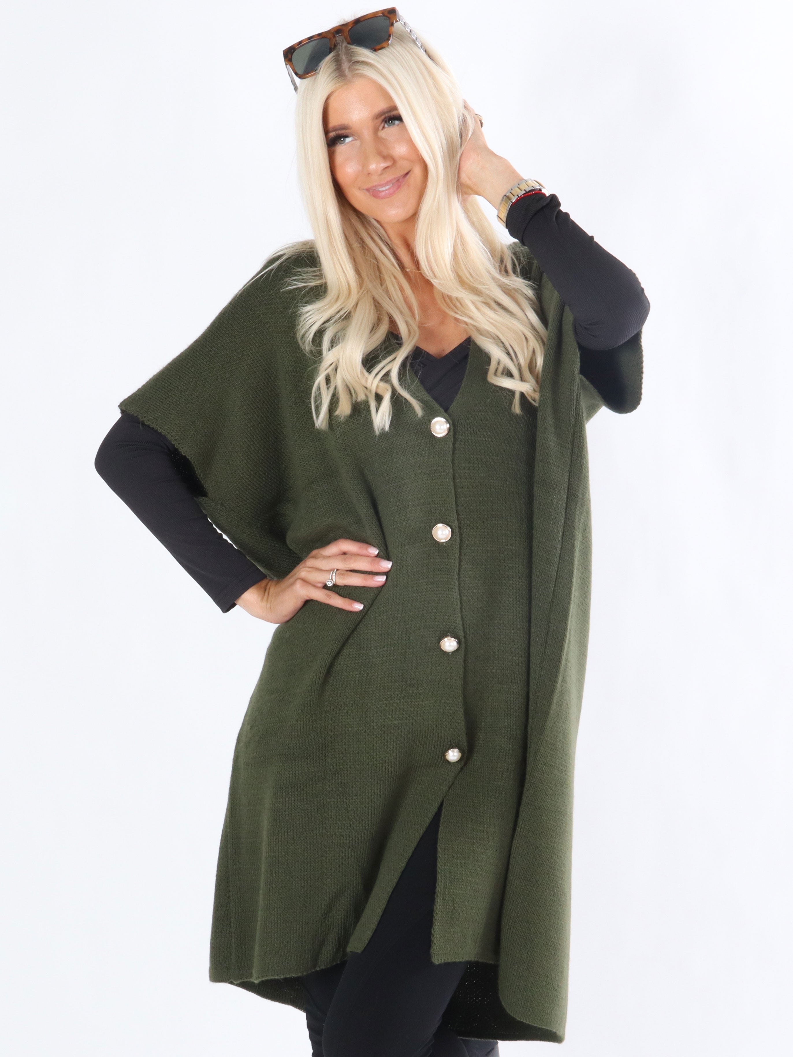 Mitsi - Armygrøn strikcardigan med perleknapper